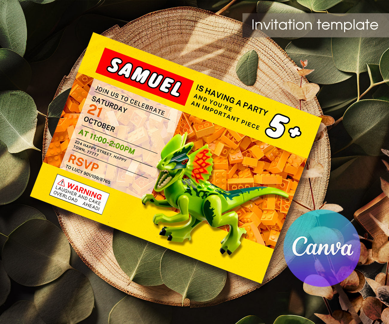 Lego Dinosaur T-Rex customizable invitation template | Share or Print | JU069