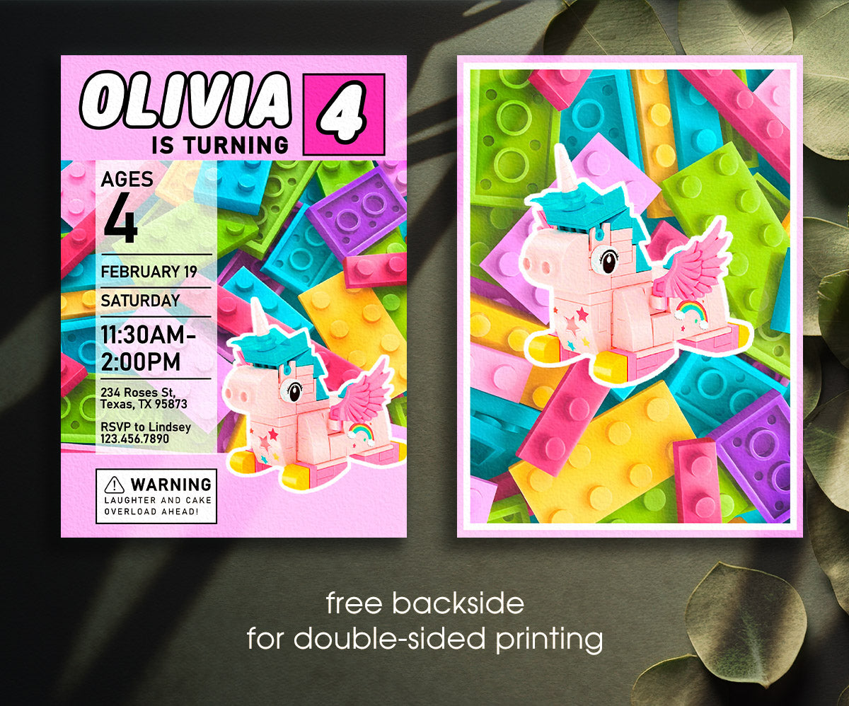 Lego Magical Unicorn customizable invitation template | Share or Print | girl | CT556