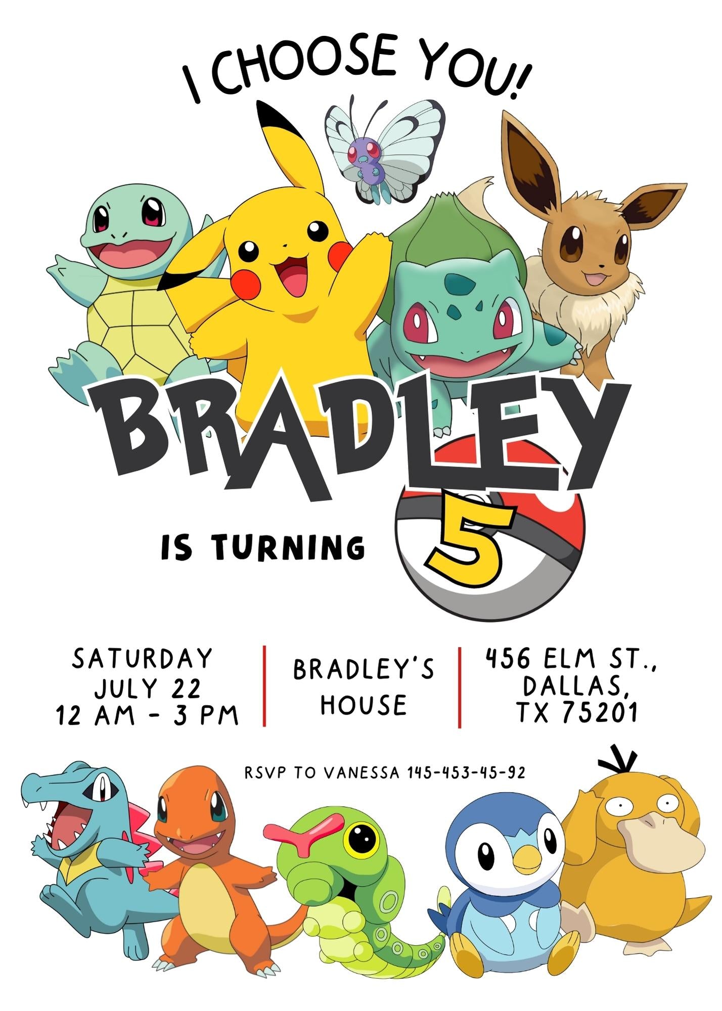 Pokemon Pikachu customizable invitation template | Share or Print | KC049