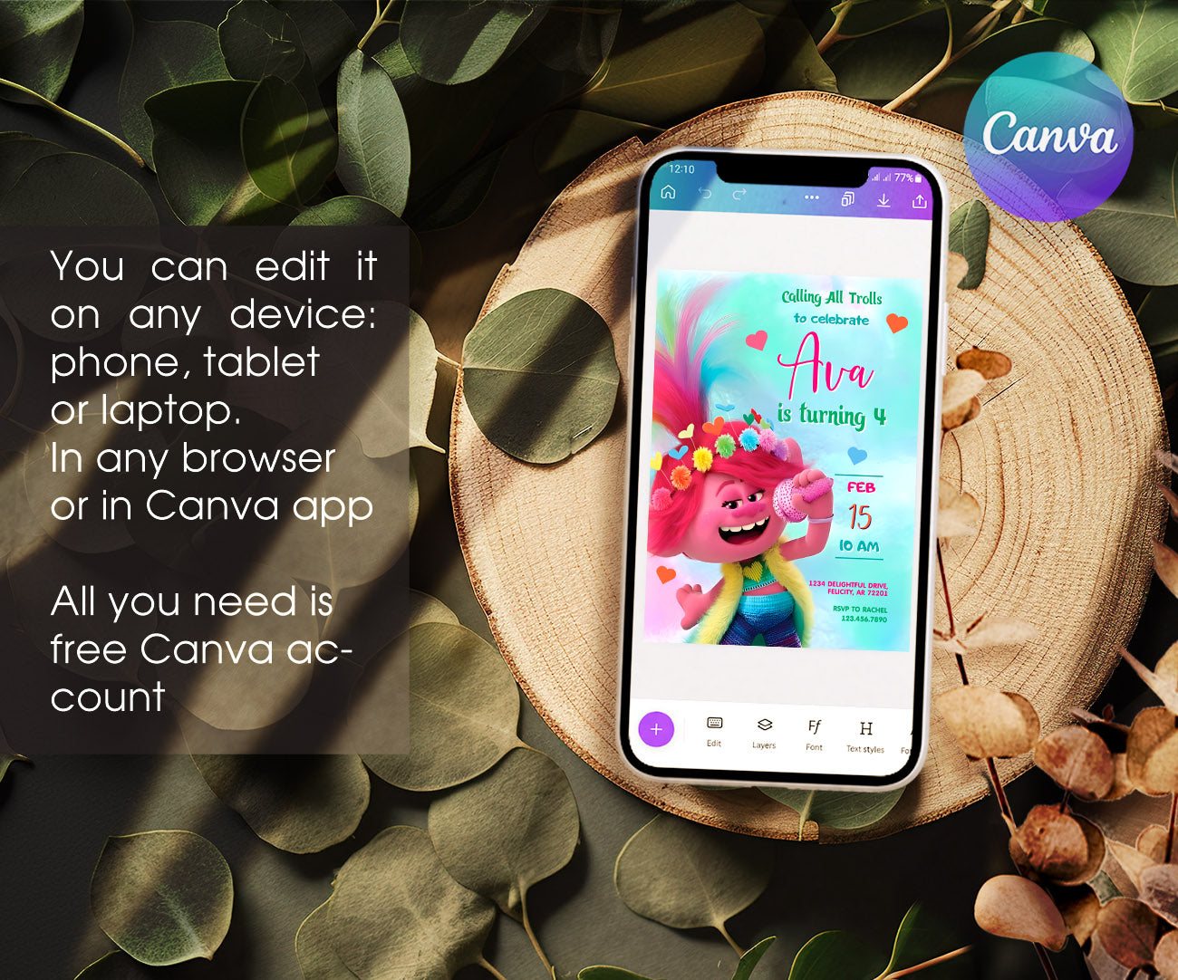 Trolls Poppy customizable invitation template | Share or Print | GI074