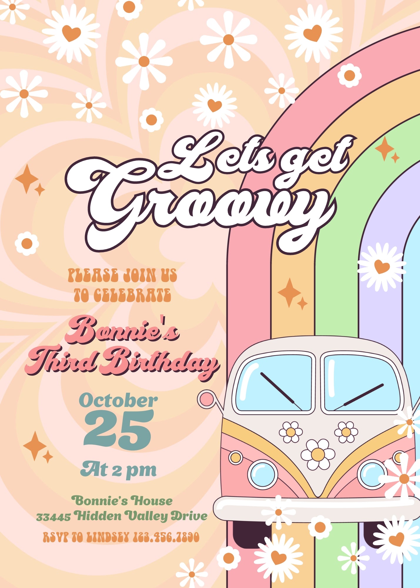 Groovy Retro Van customizable invitation template | Share or Print | UI678
