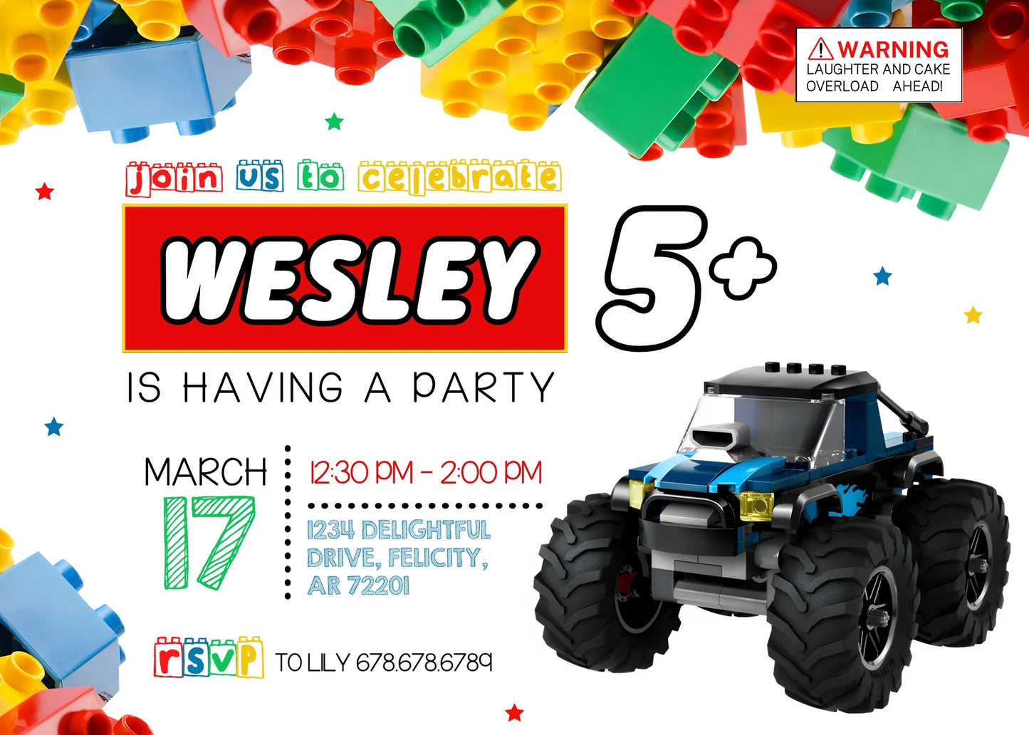 Lego Monster Truck customizable invitation template | Share or Print | boy | NG985
