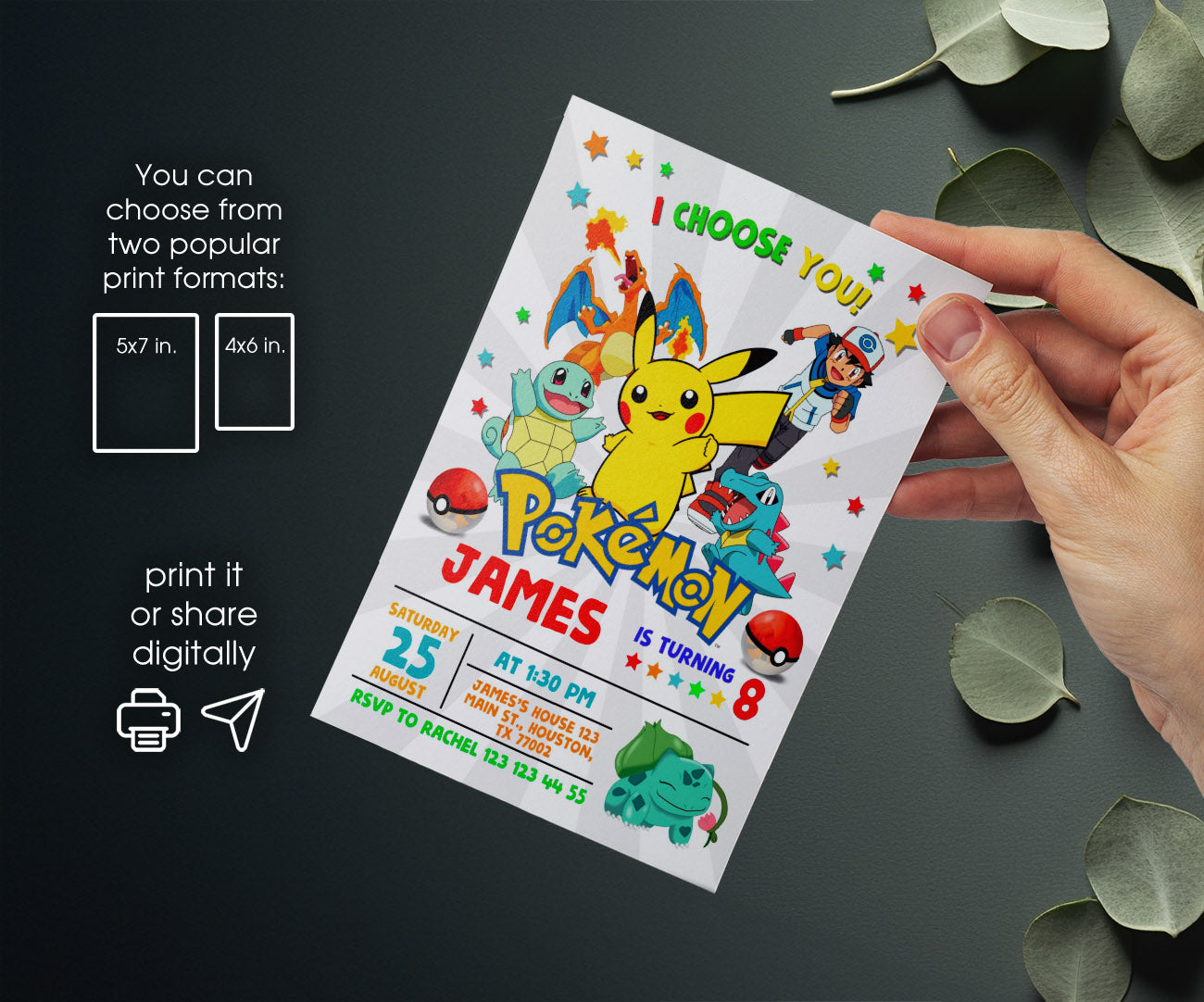 Pokemon Pikachu customizable invitation template | Share or Print | YG647