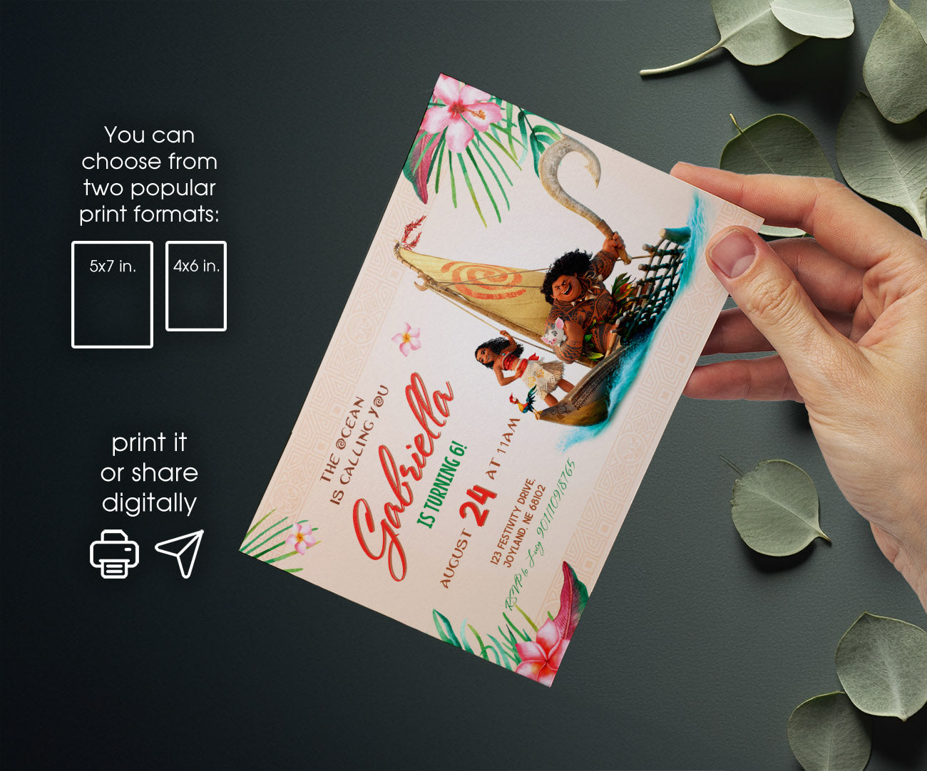 Moana Princess customizable invitation template | Share or Print | girl | QJ489