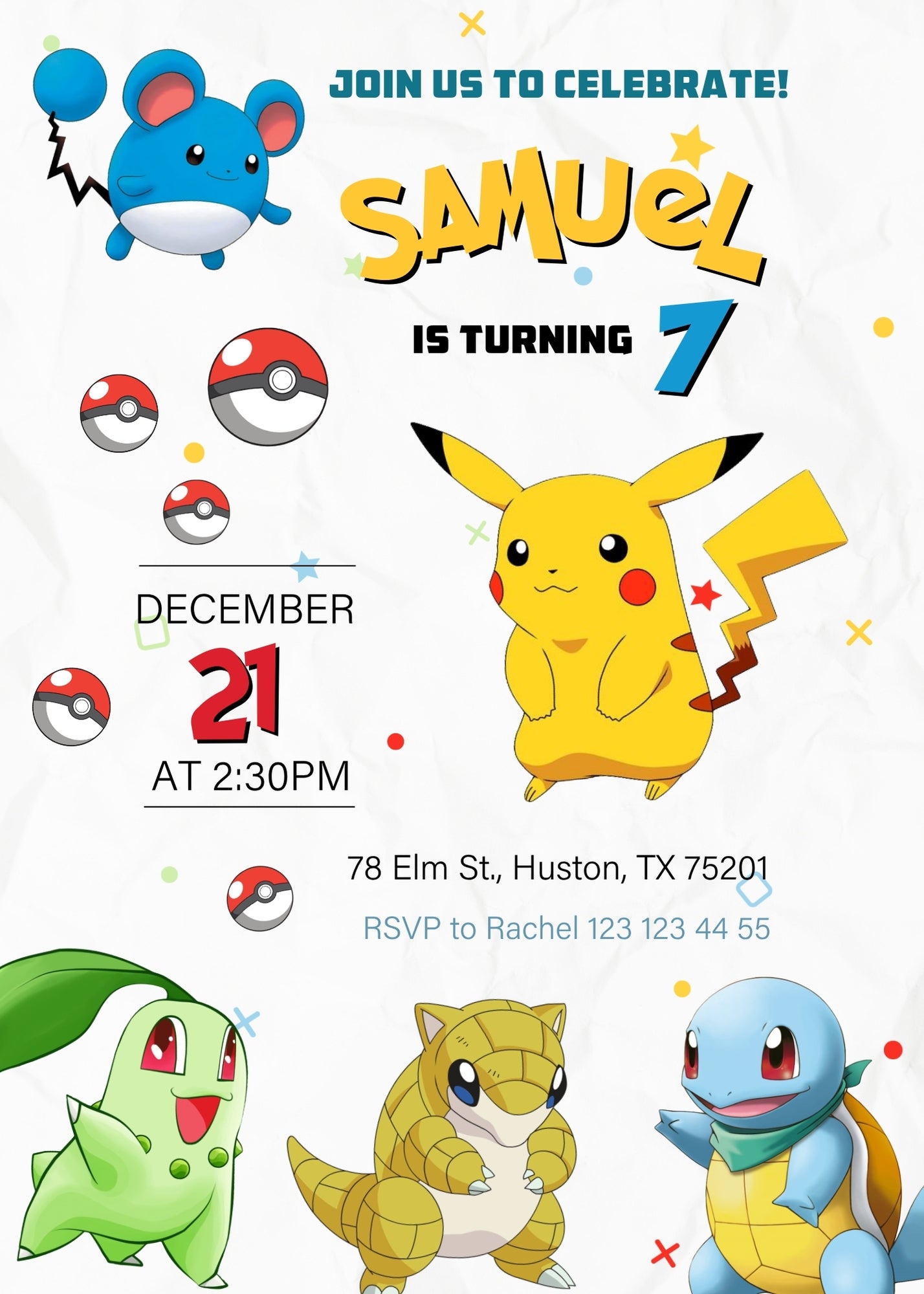Pokemon Pikachu customizable invitation template | Share or Print | ZD135