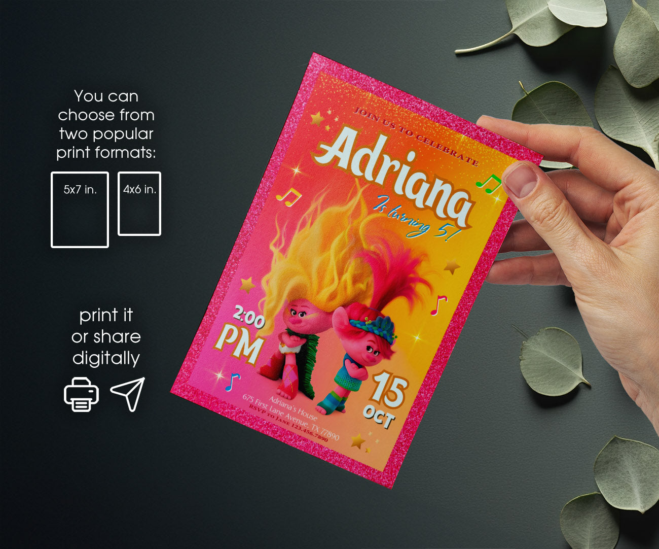 Trolls Poppy customizable invitation template | Share or Print | HE313