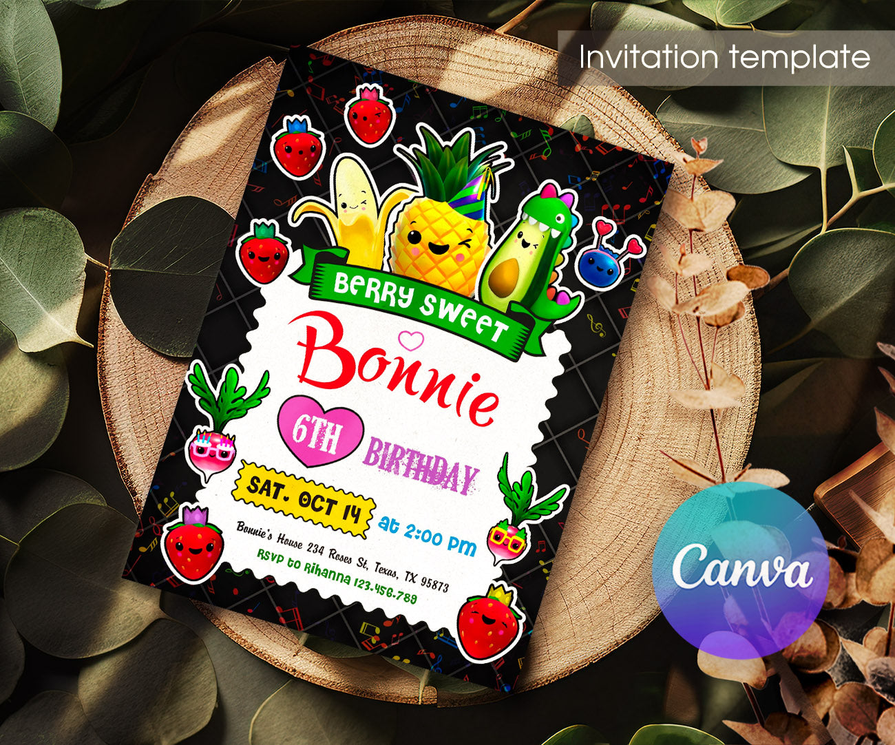 Hey Bear Sensory Dancing Fruits customizable invitation template | Share or Print | EL114