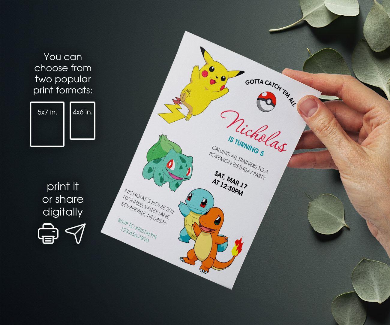 Pokemon Pikachu customizable invitation template | Share or Print | PV356