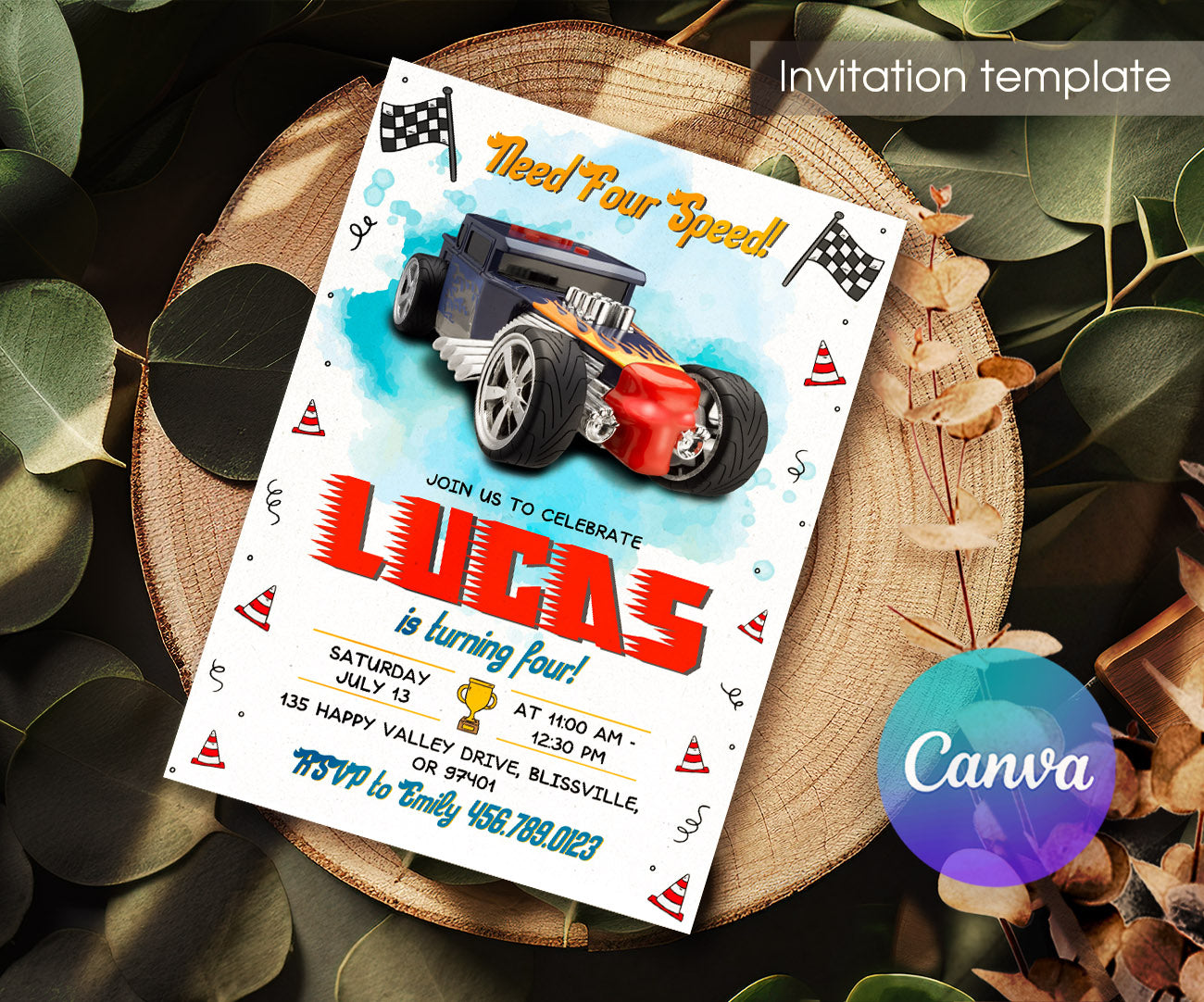 Hot Wheels Need Four Speed customizable invitation template | Share or Print | boy | CA585