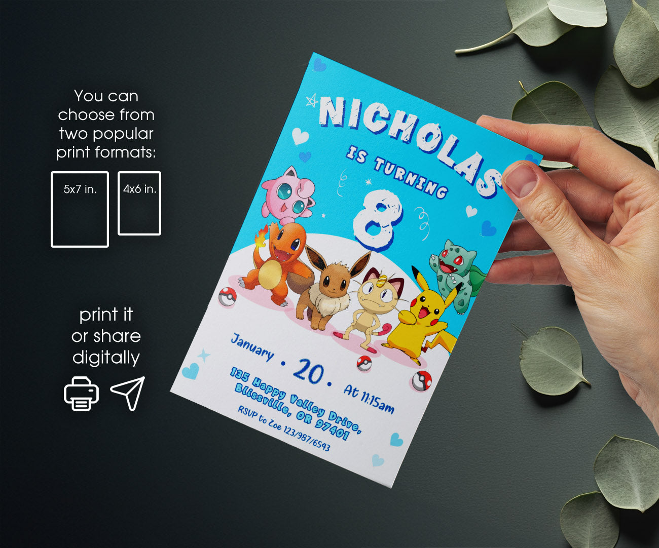 Pokemon Pikachu customizable invitation template | Share or Print | JM889