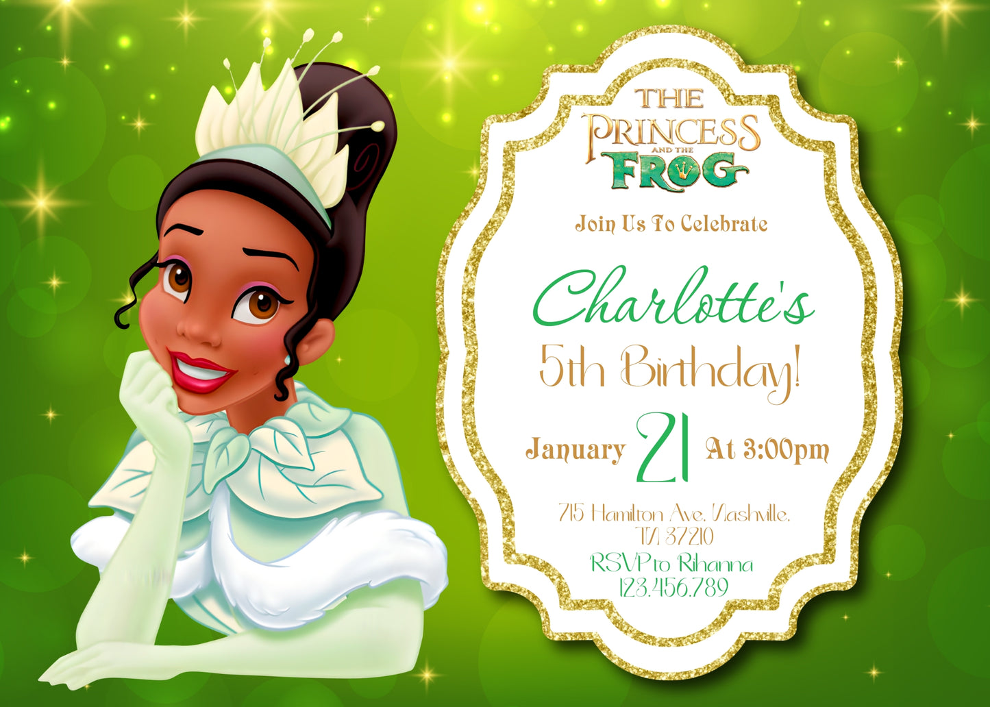 Tiana Frog Princess customizable invitation template | Share or Print | girl | EX592