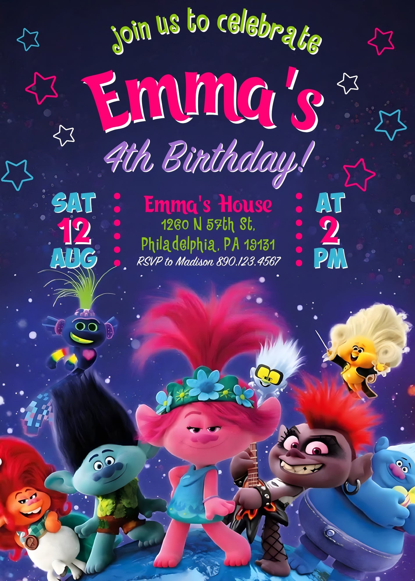 Trolls Poppy customizable invitation template | Share or Print | KN011