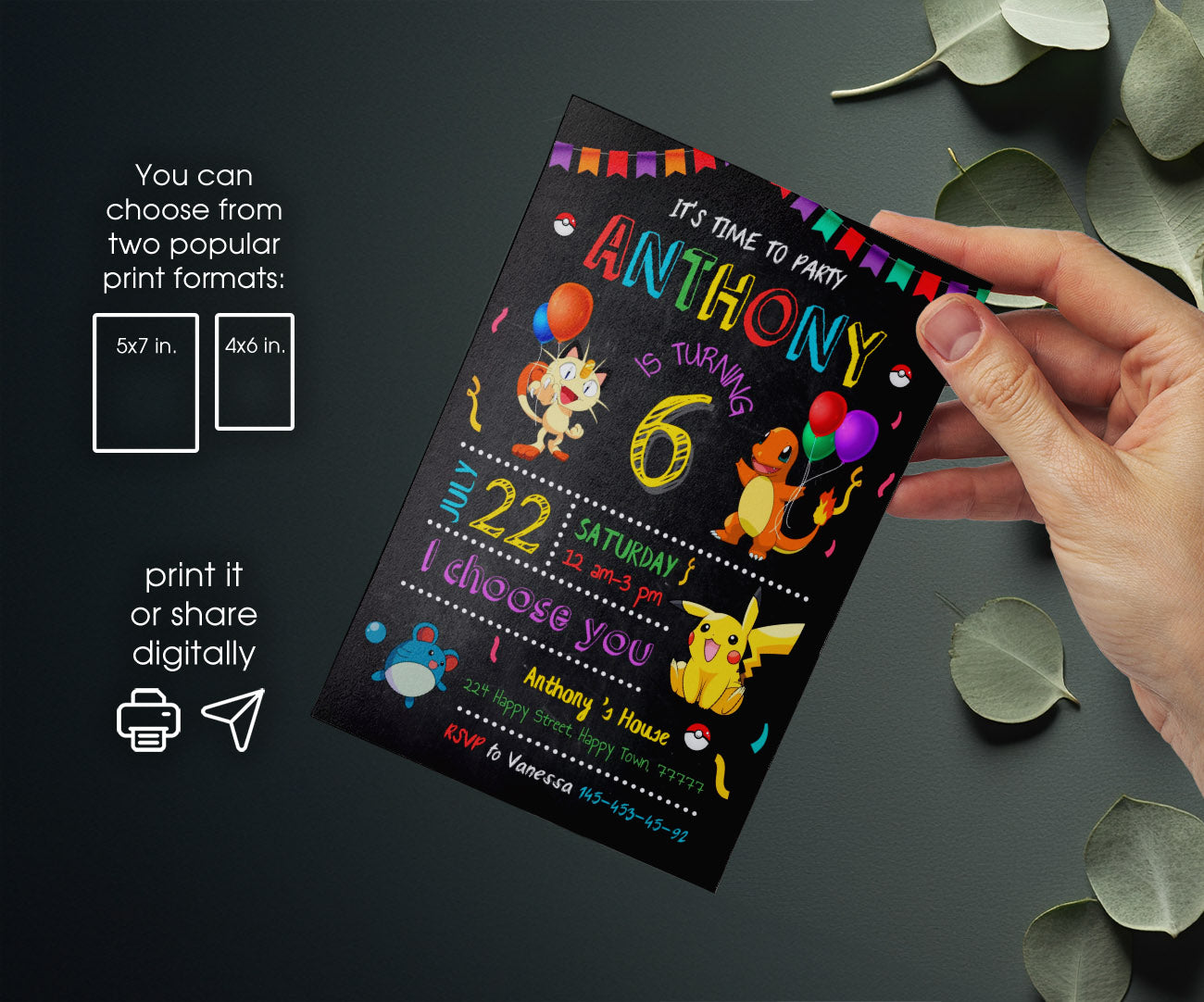 Pokemon Pikachu customizable invitation template | Share or Print | CE309