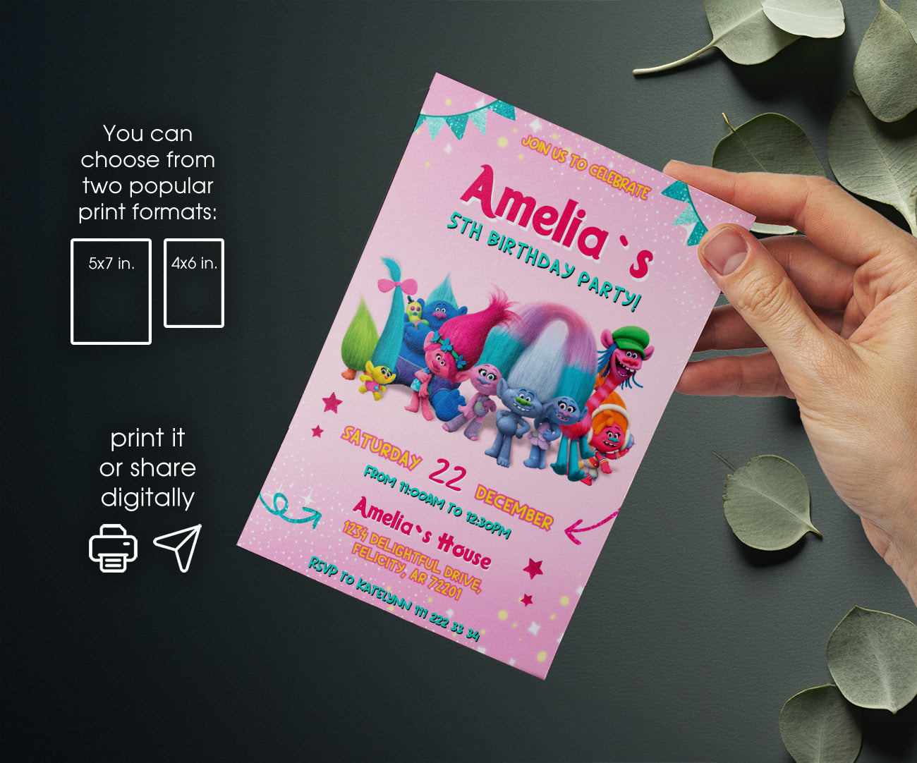Trolls Poppy customizable invitation template | Share or Print | BT701