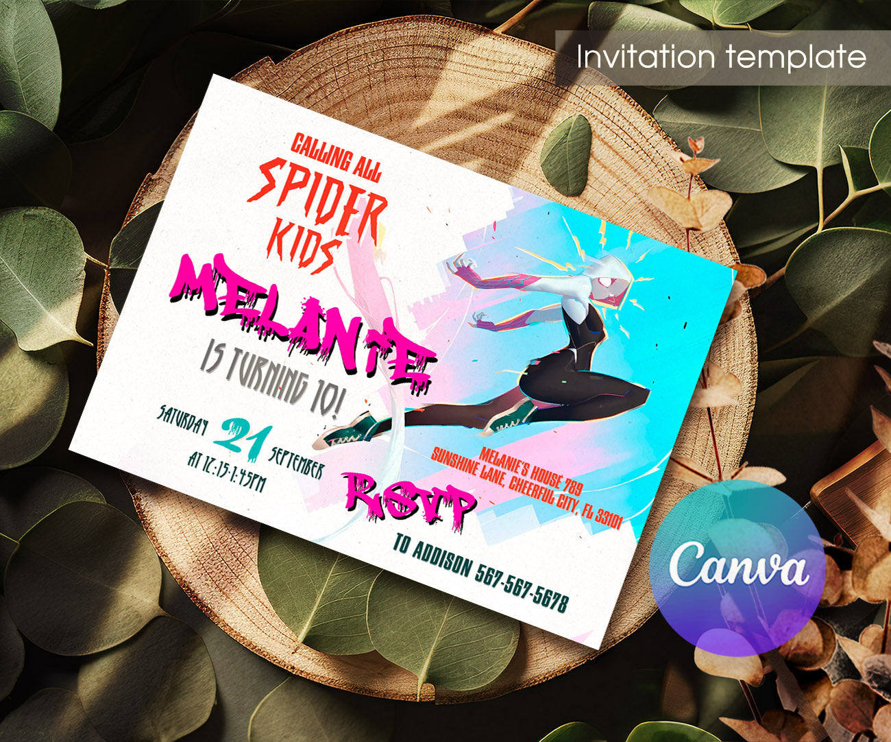 Spider Gwen Ghost Spidey customizable invitation template | Share or Print | girl | OK273