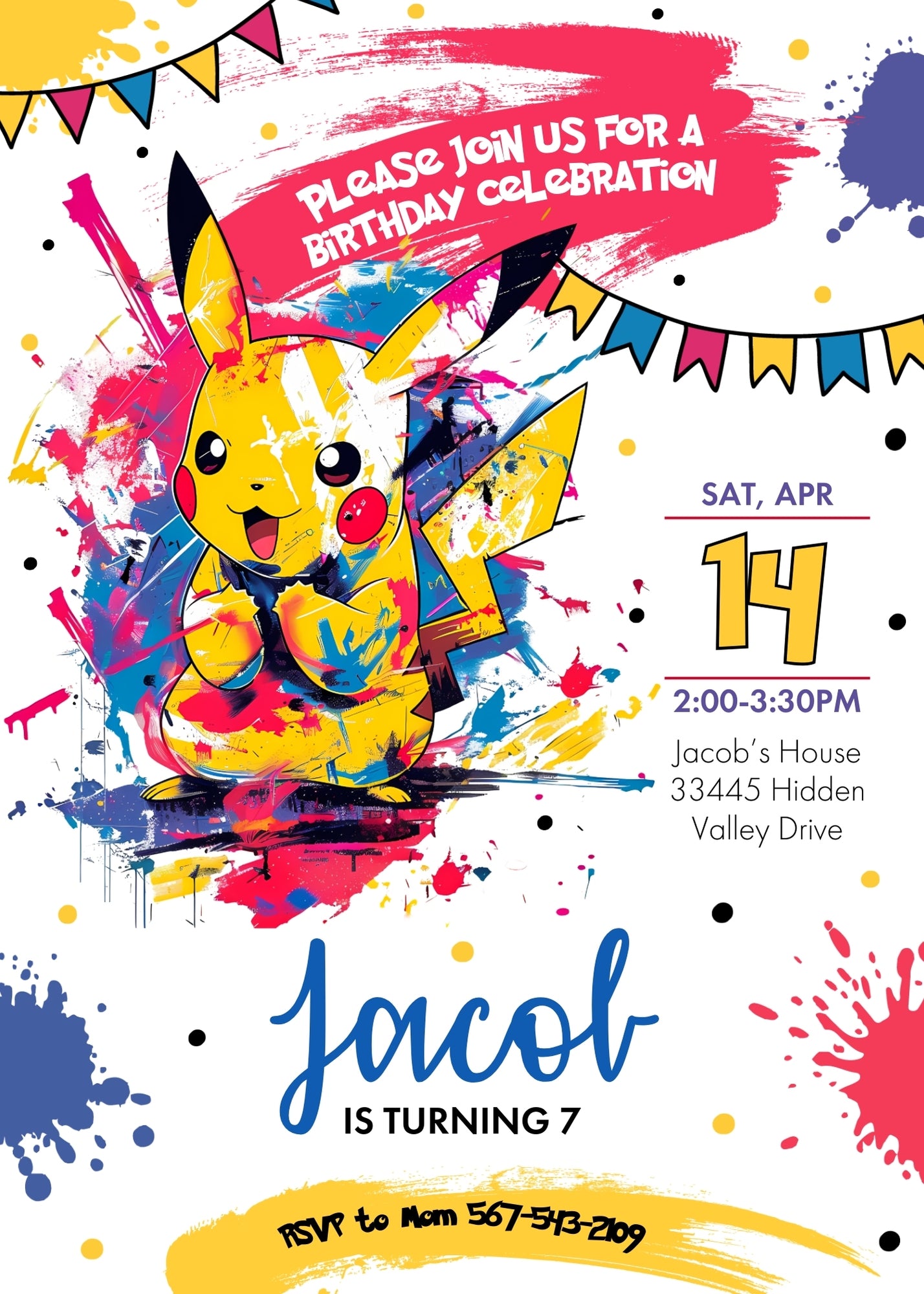 Pokemon Pikachu customizable invitation template | Share or Print | AO490