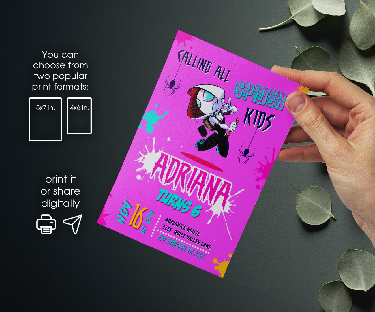 Spider Gwen Ghost Spidey customizable invitation template | Share or Print | girl | YC140