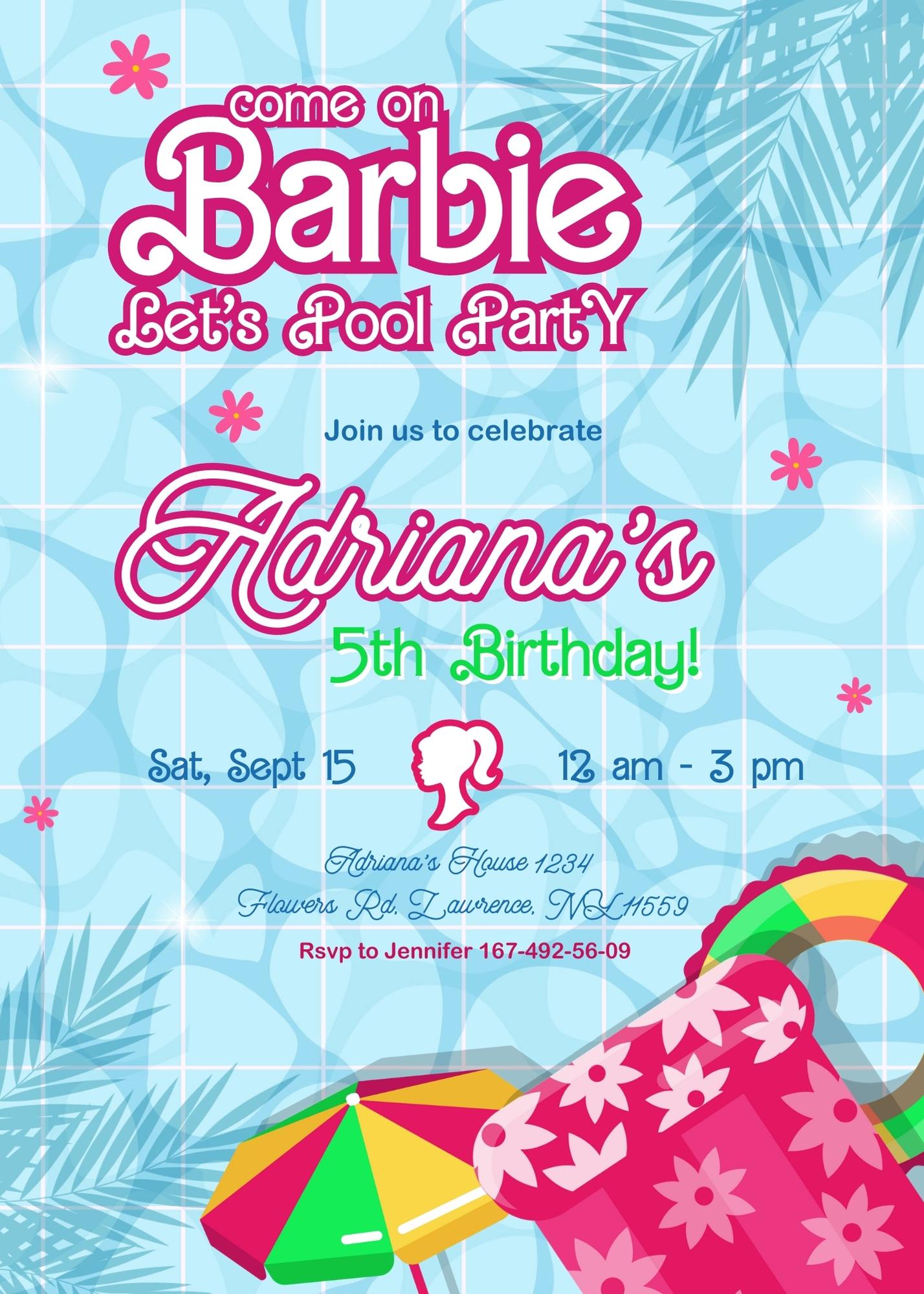 Barbie Pool Pink customizable invitation template | Share or Print | girl | KJ367