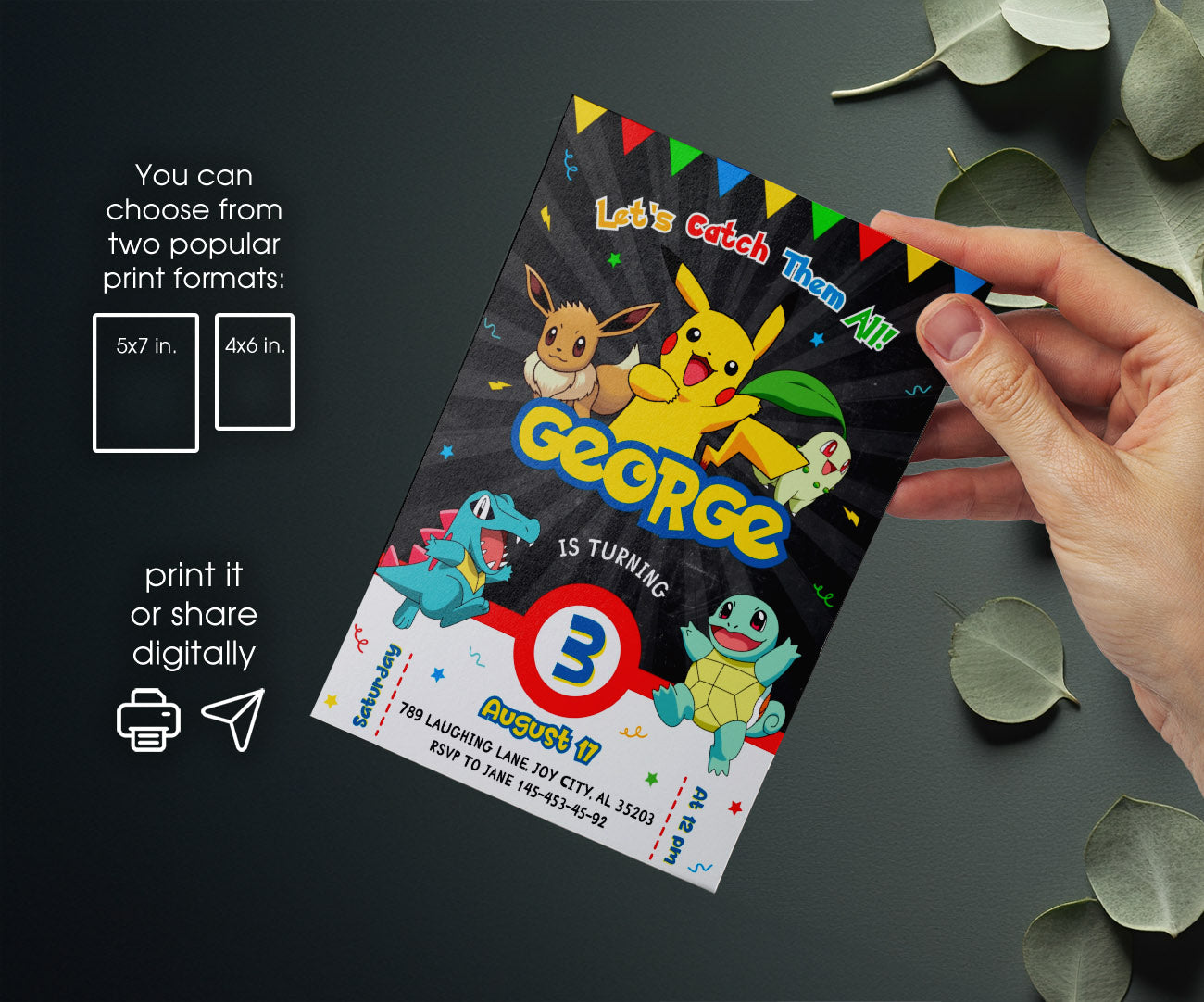 Pokemon Pikachu customizable invitation template | Share or Print | JS188