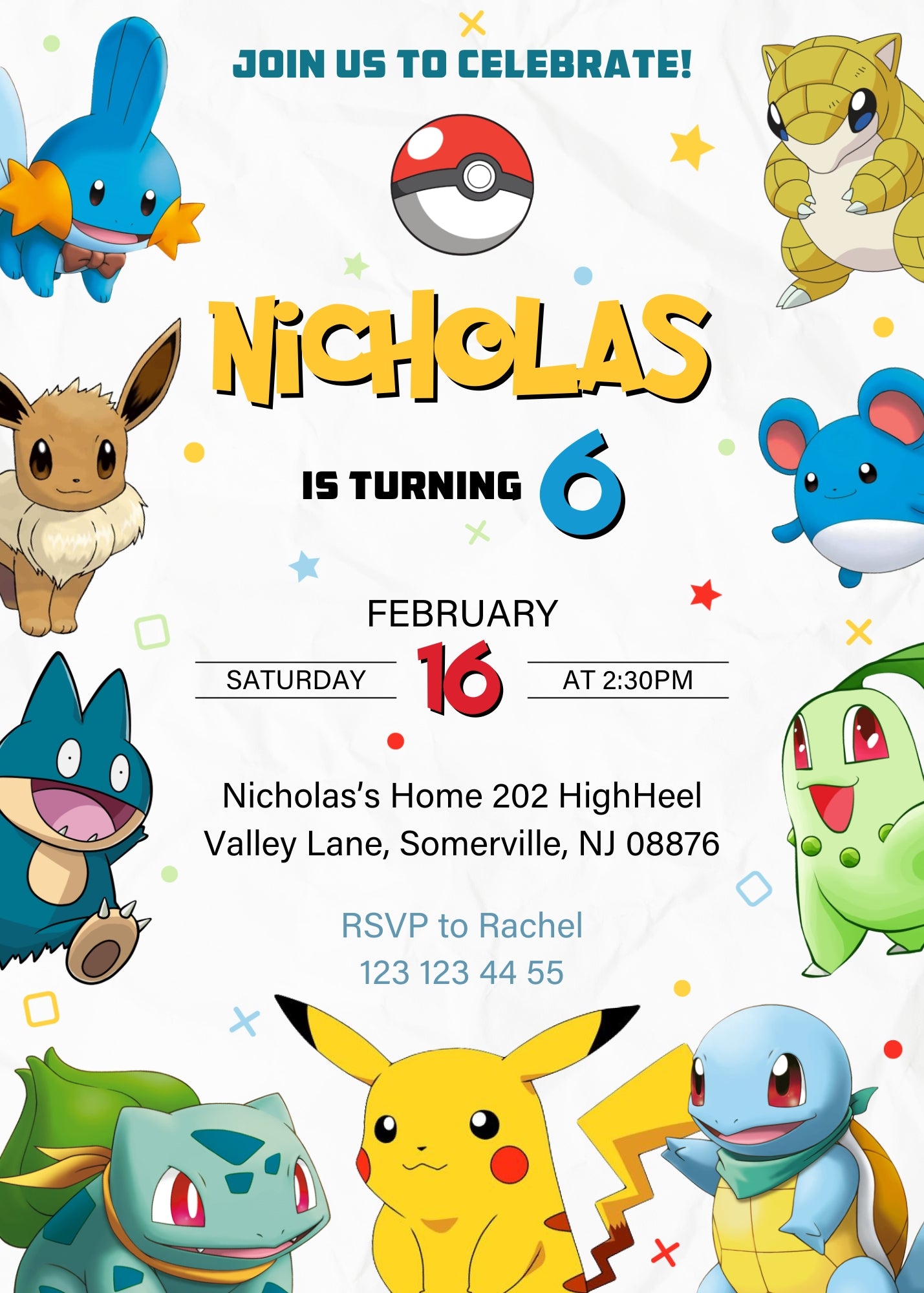 Pokemon Pikachu customizable invitation template | Share or Print | ER507