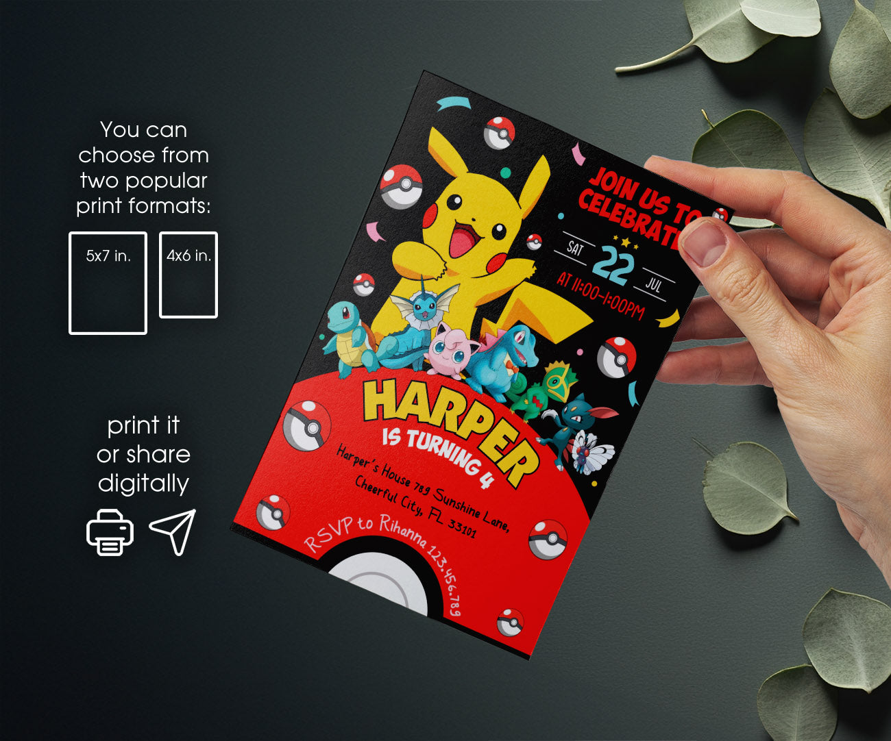 Pokemon Pikachu customizable invitation template | Share or Print | BW383