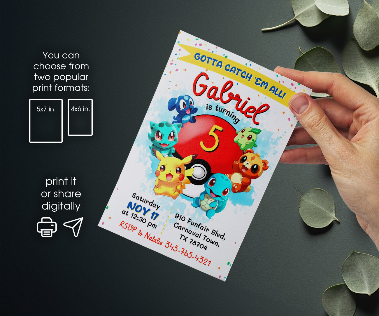 Pokemon Pikachu customizable invitation template | Share or Print | JE035