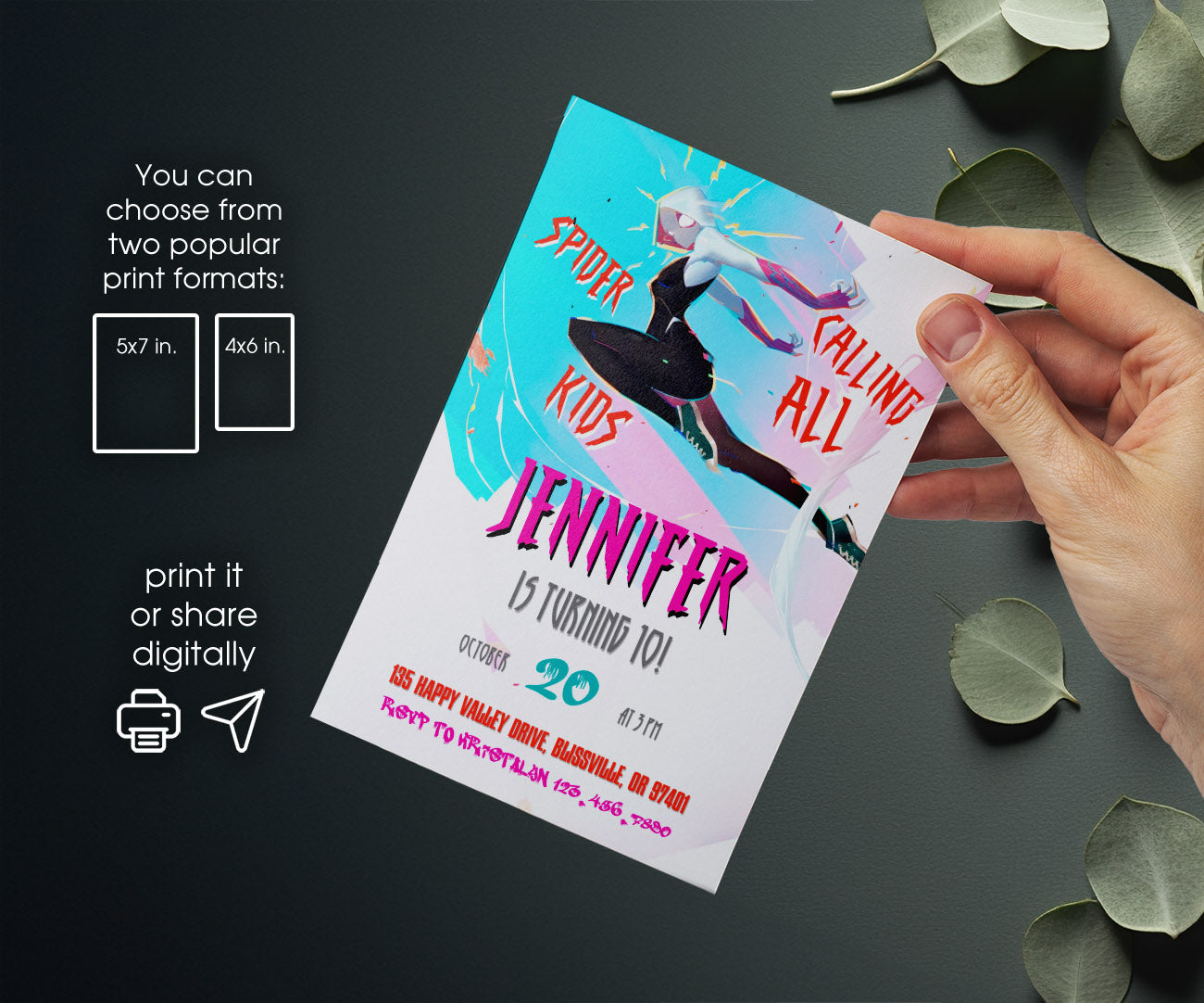 Spider Gwen Ghost Spidey customizable invitation template | Share or Print | girl | UK603