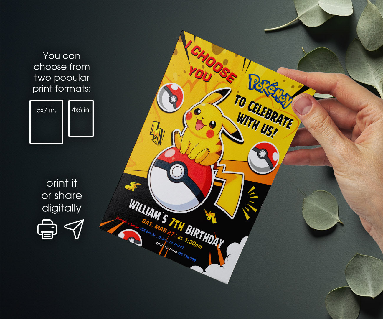 Pokemon Pikachu customizable invitation template | Share or Print | MK784