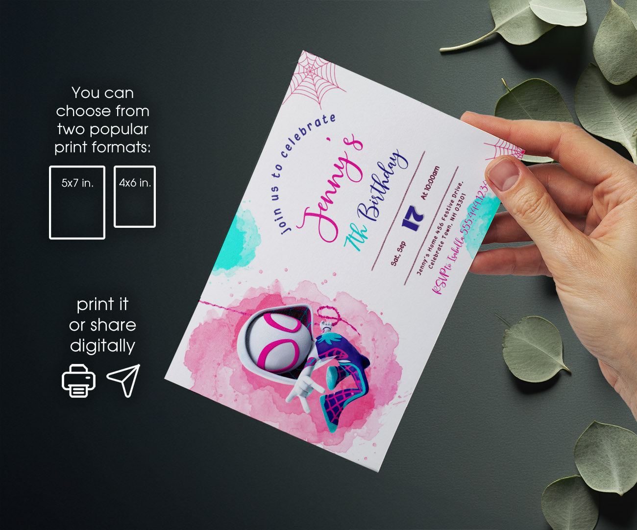 Spider Gwen Ghost Spidey customizable invitation template | Share or Print | girl | NQ146