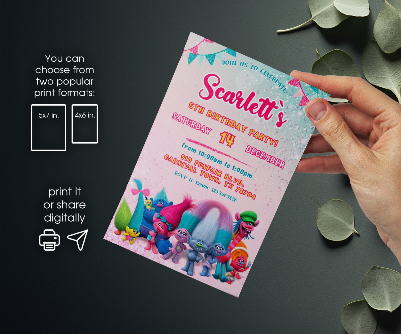 Trolls Poppy customizable invitation template | Share or Print | LA408