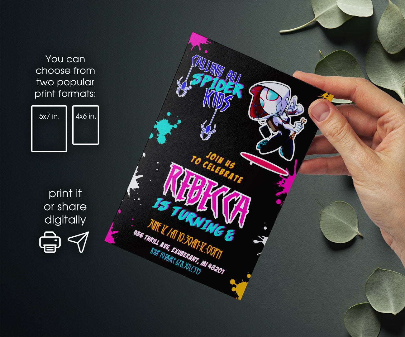 Spider Gwen Ghost Spidey customizable invitation template | Share or Print | girl | CZ373