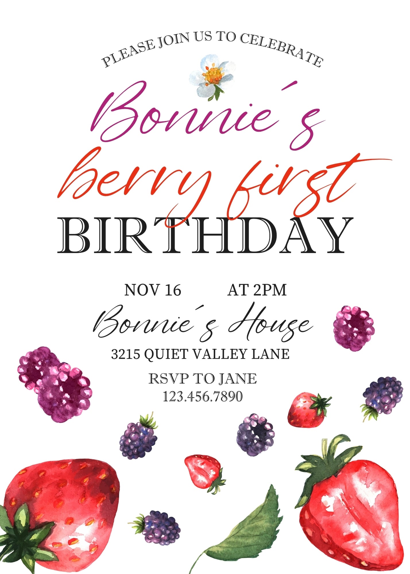 Berry First Birthday customizable invitation template | Share or Print | girl | SN041