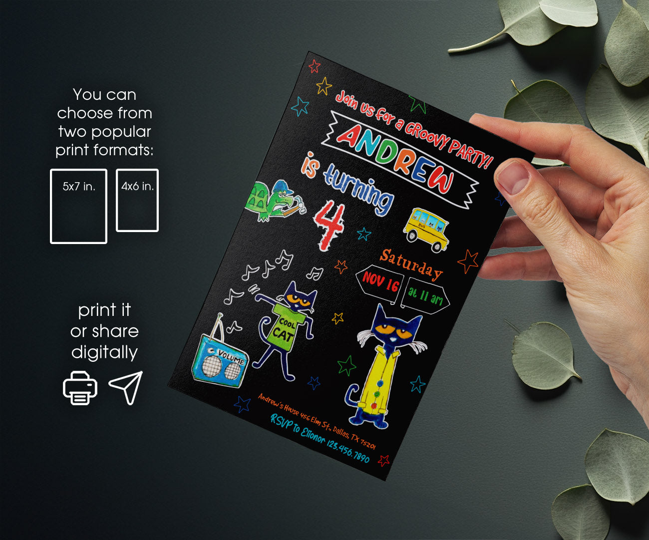 Pete the Cat customizable invitation template | Share or Print | QE327