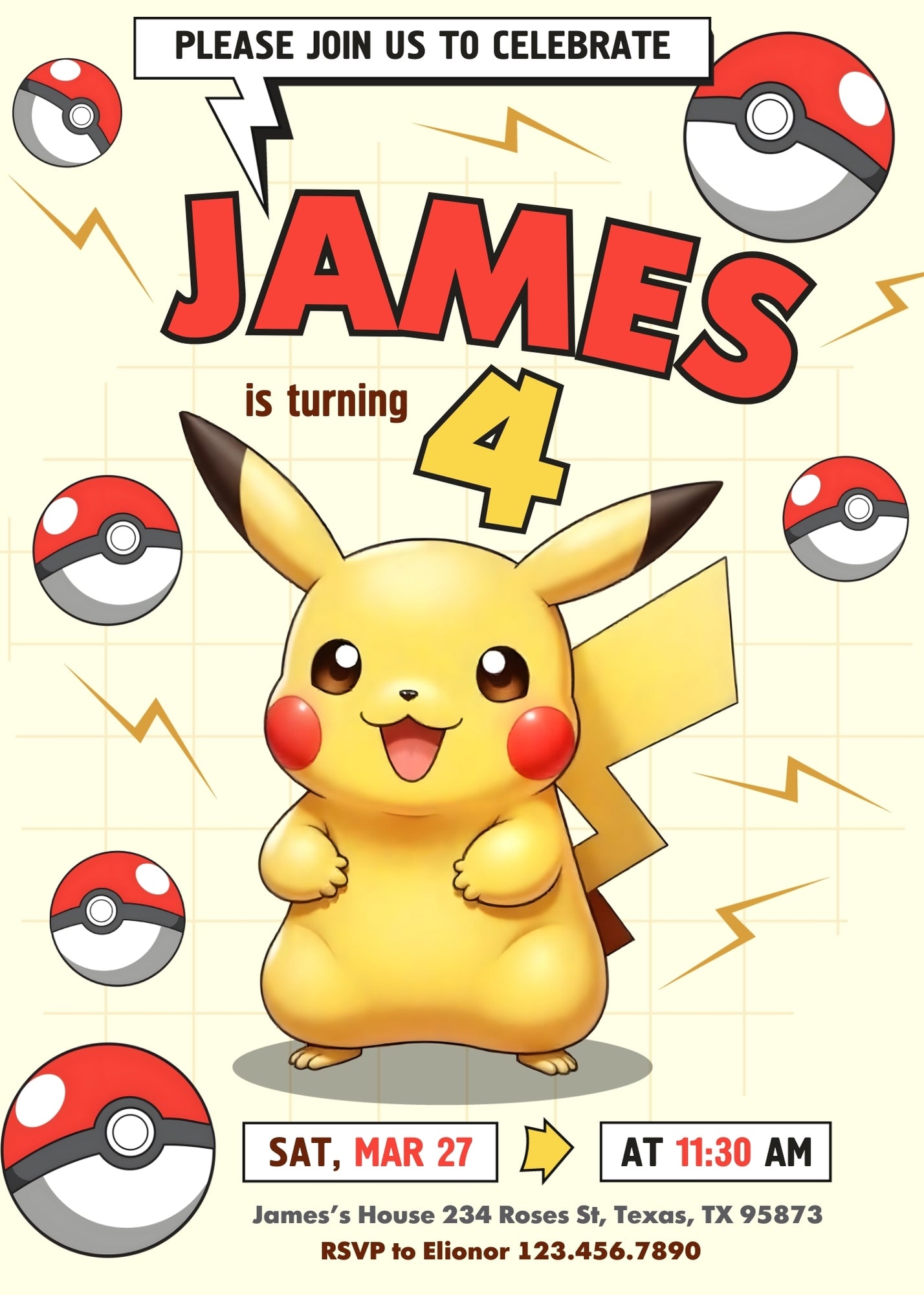 Pokemon Pikachu customizable invitation template | Share or Print | TB626