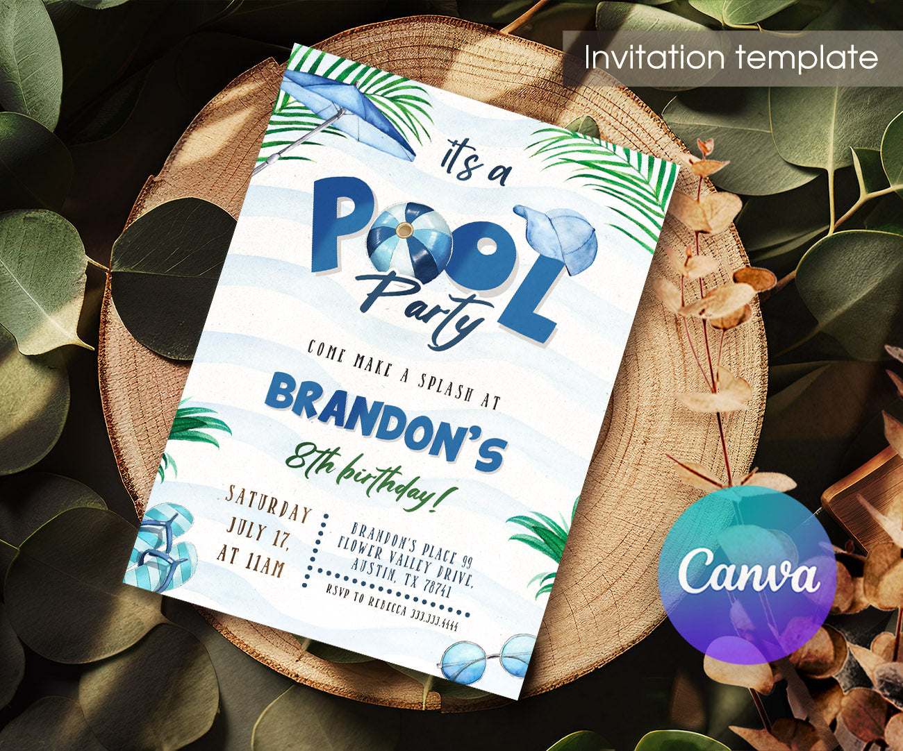 Pool Party customizable invitation template | Share or Print | boy | AH779