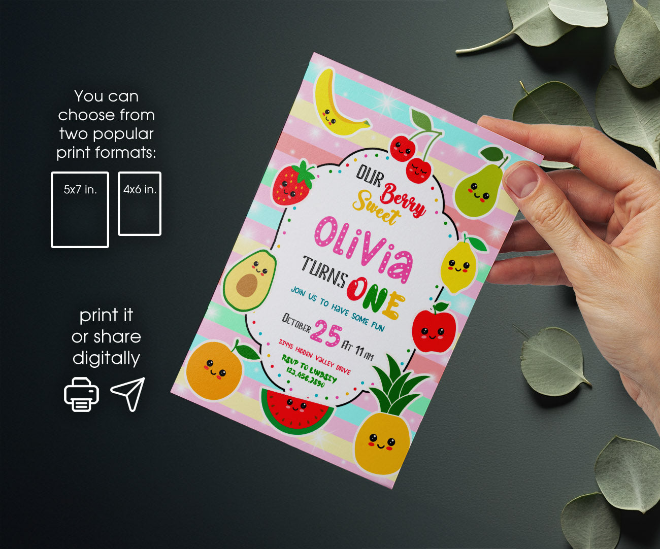 Hey Bear Sensory Dancing Fruits customizable invitation template | Share or Print | KW326