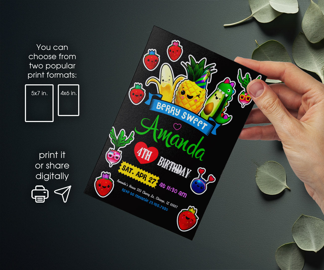 Hey Bear Sensory Dancing Fruits customizable invitation template | Share or Print | EB185