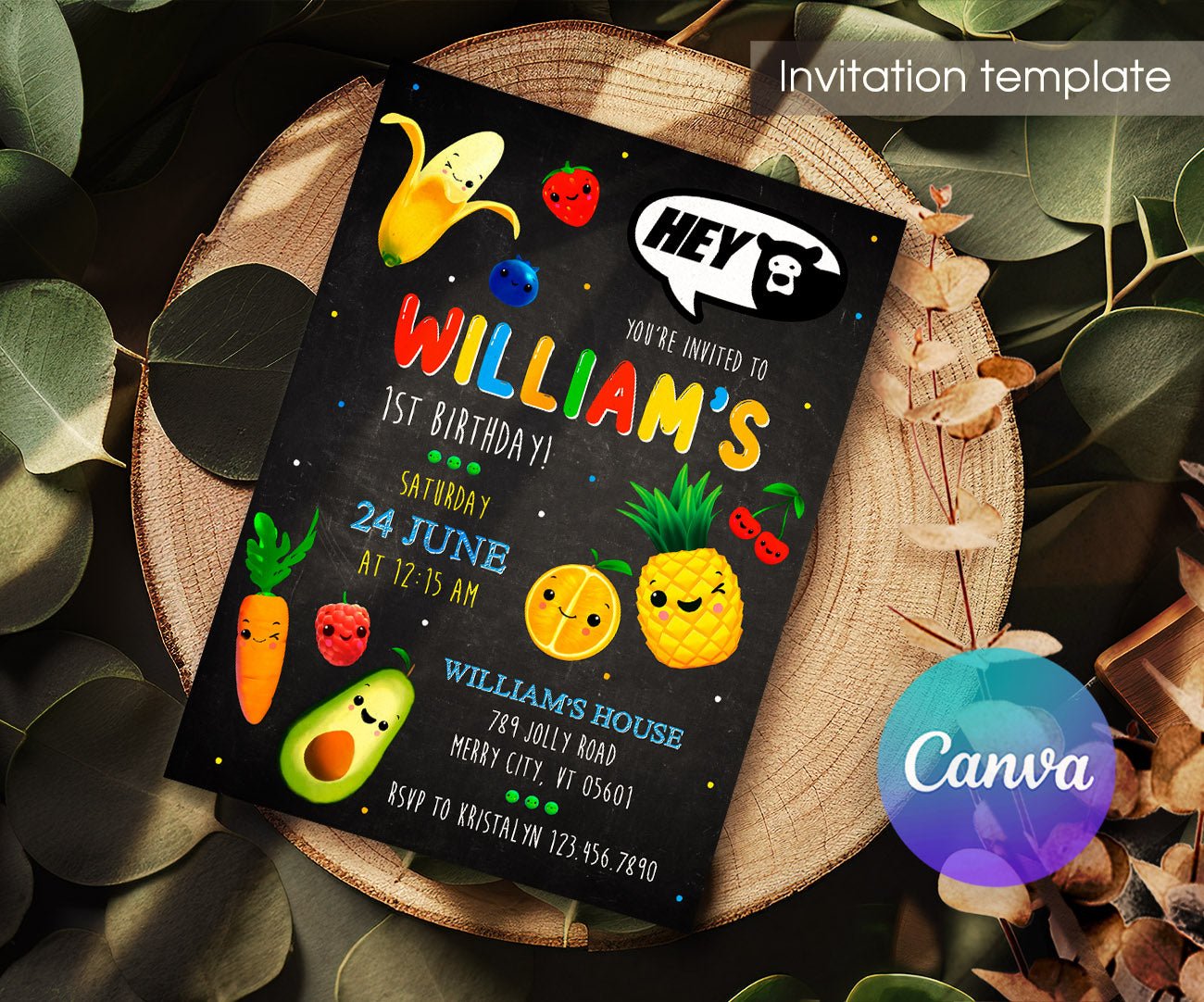 Hey Bear Sensory Dancing Fruits customizable invitation template | Share or Print | MY779