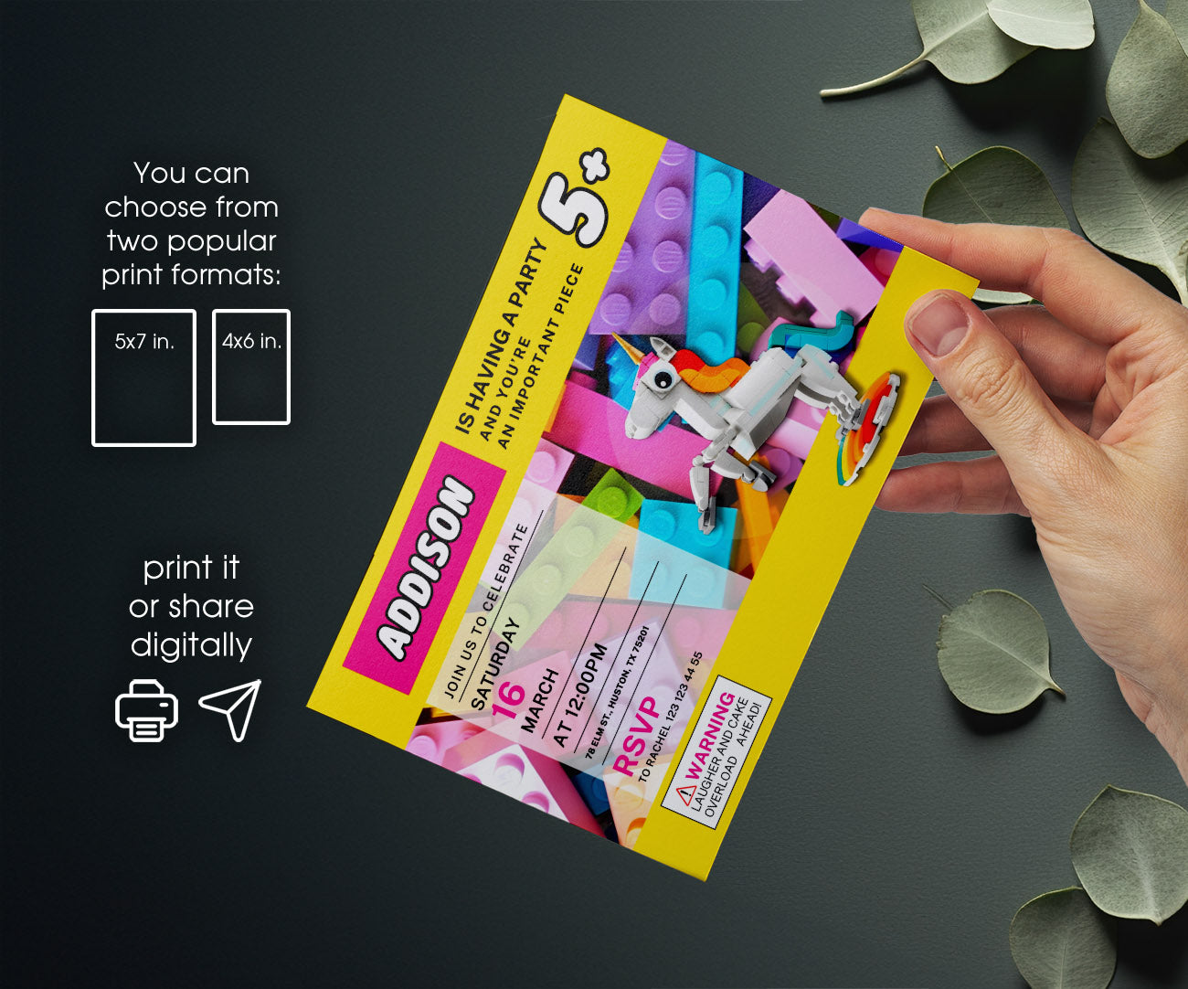 Lego Magical Unicorn customizable invitation template | Share or Print | girl | HF536