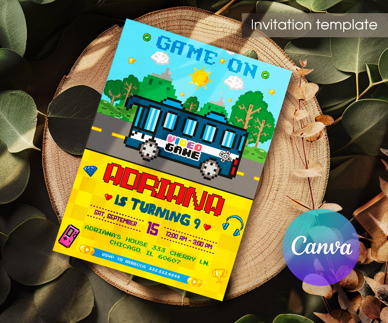 Video Game Bus Gamer customizable invitation template | Share or Print | boy | AG280