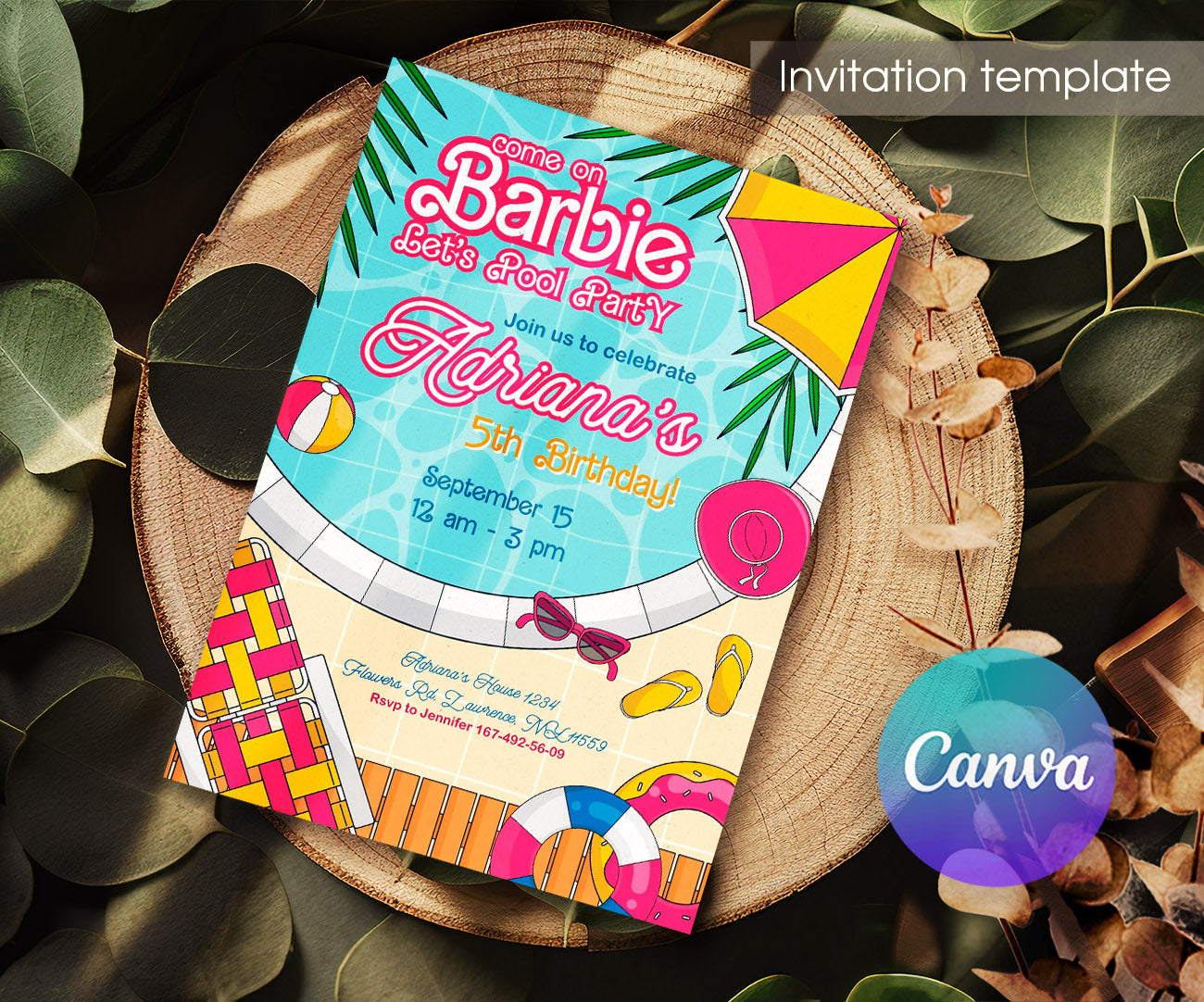 Barbie Pool Pink customizable invitation template | Share or Print | girl | CV745