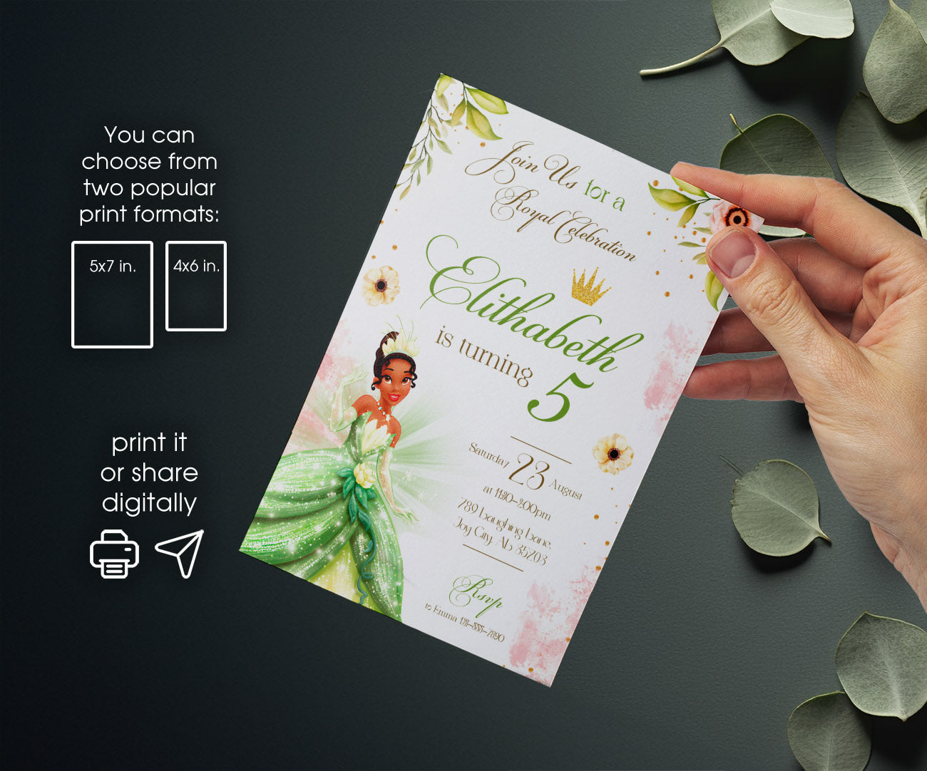Tiana Frog Princess customizable invitation template | Share or Print | girl | XS438