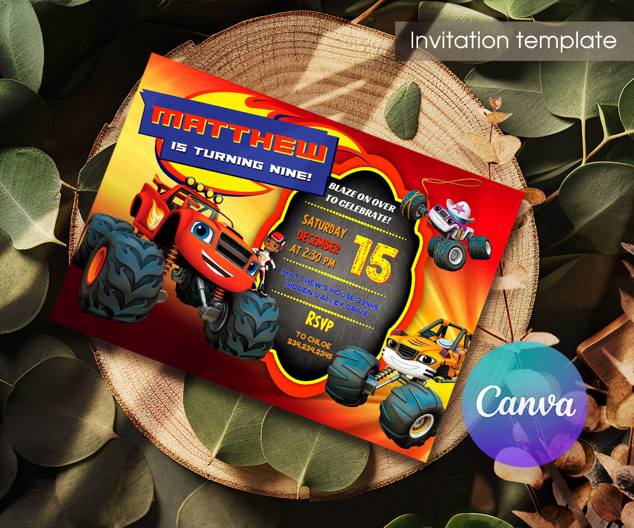 Blaze Monster Machines Trucks customizable invitation template | Share or Print | boy | ID695