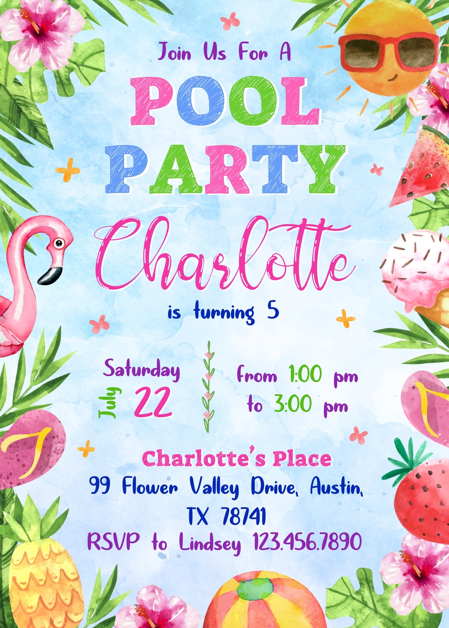 Pool Party customizable invitation template | Share or Print | girl | DL183