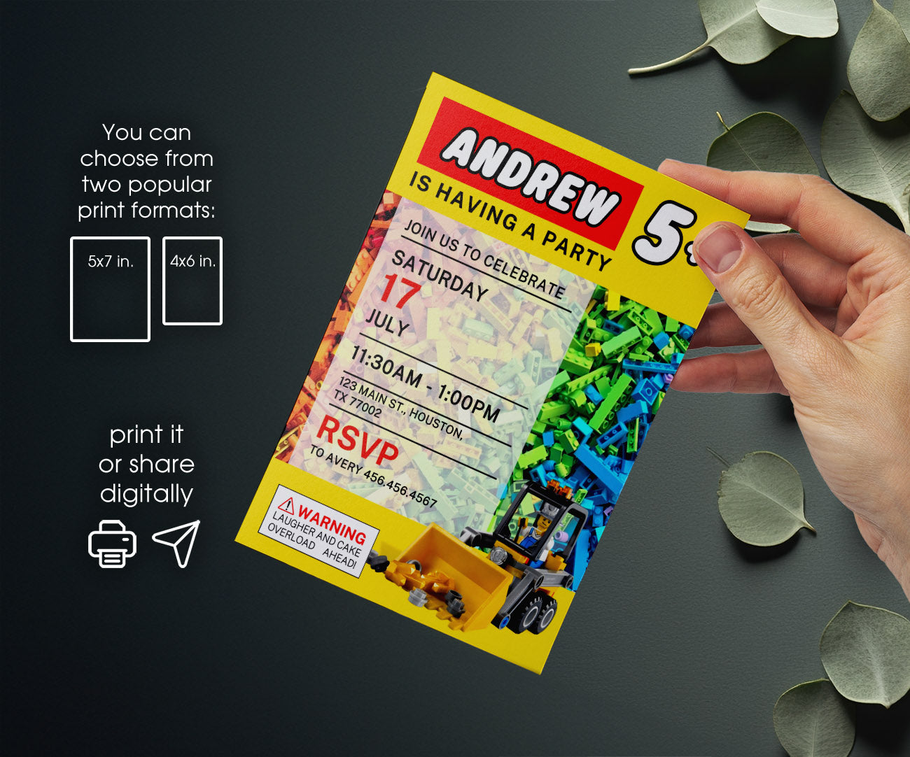 Lego Excavator customizable invitation template | Share or Print | boy | MG097