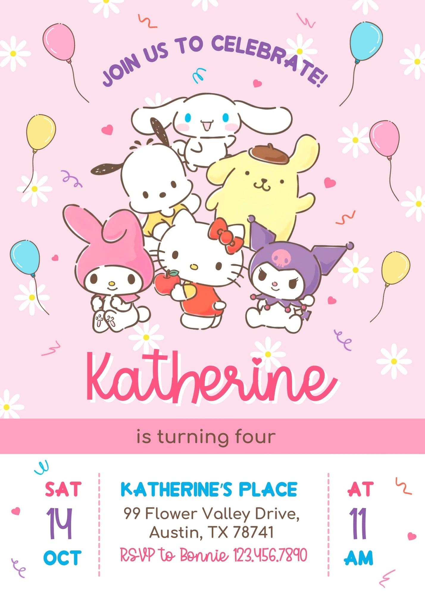 Hello Kitty Sanrio customizable invitation template | Share or Print | OX277
