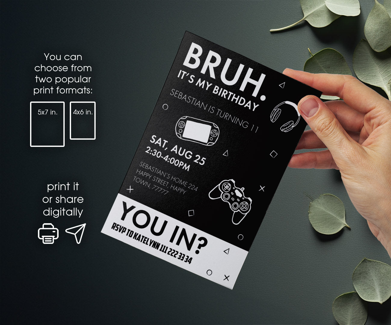 Bruh Gamer customizable invitation template | Share or Print | boy | YX749