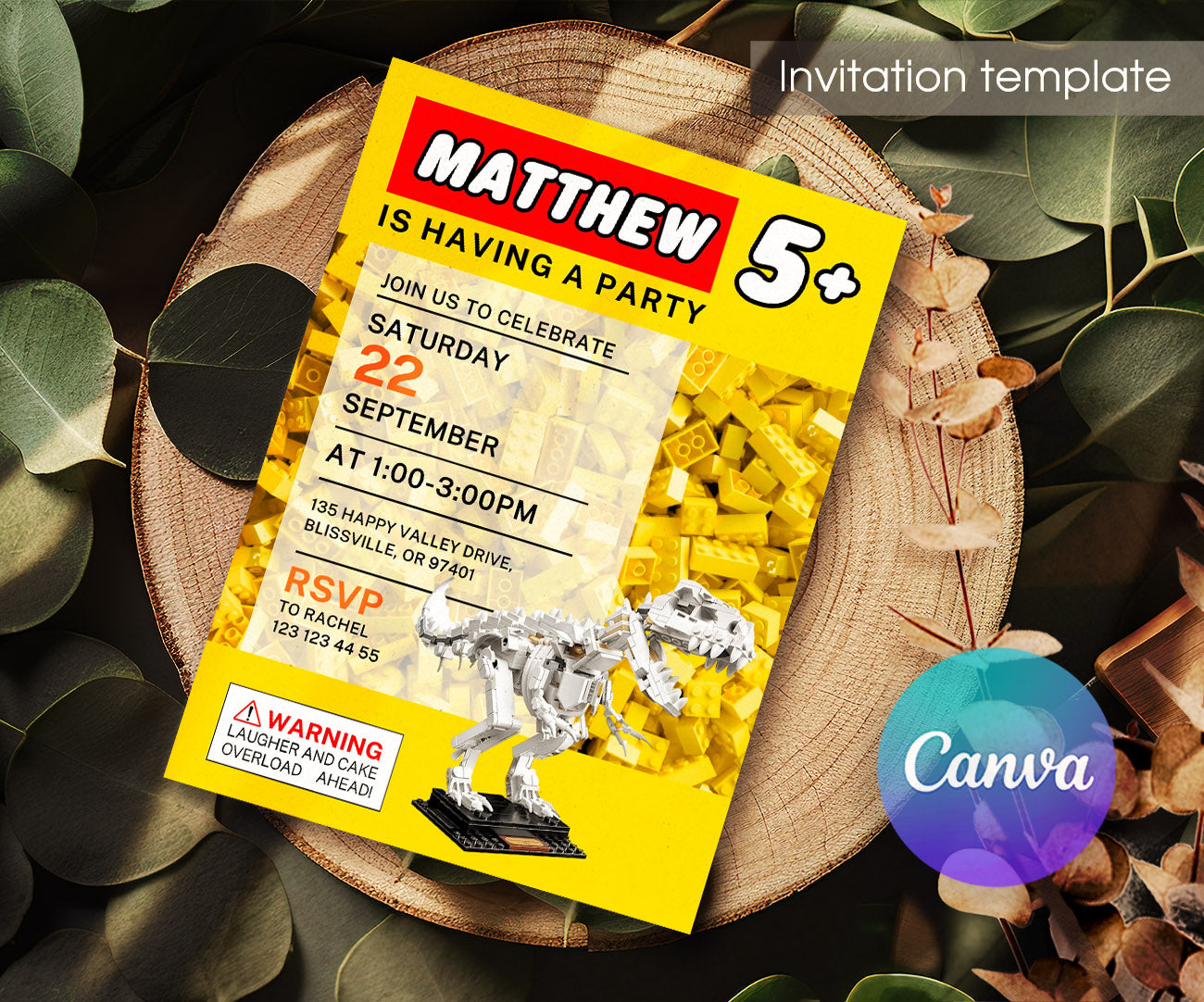 Lego Dinosaur T-Rex customizable invitation template | Share or Print | WE614