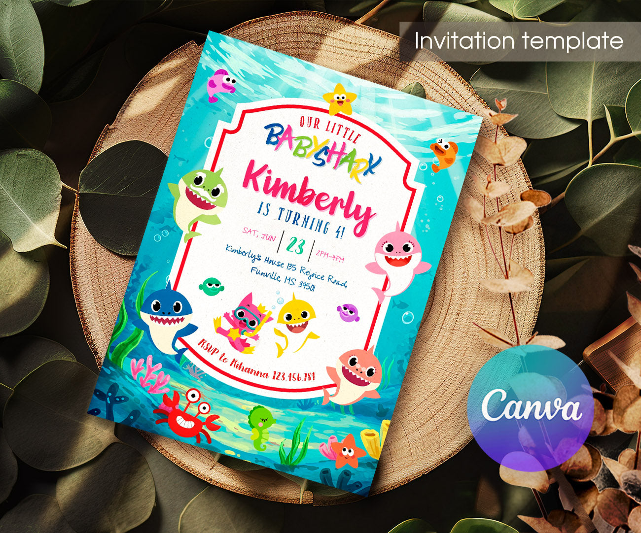 Baby Shark customizable invitation template | Share or Print | BG707