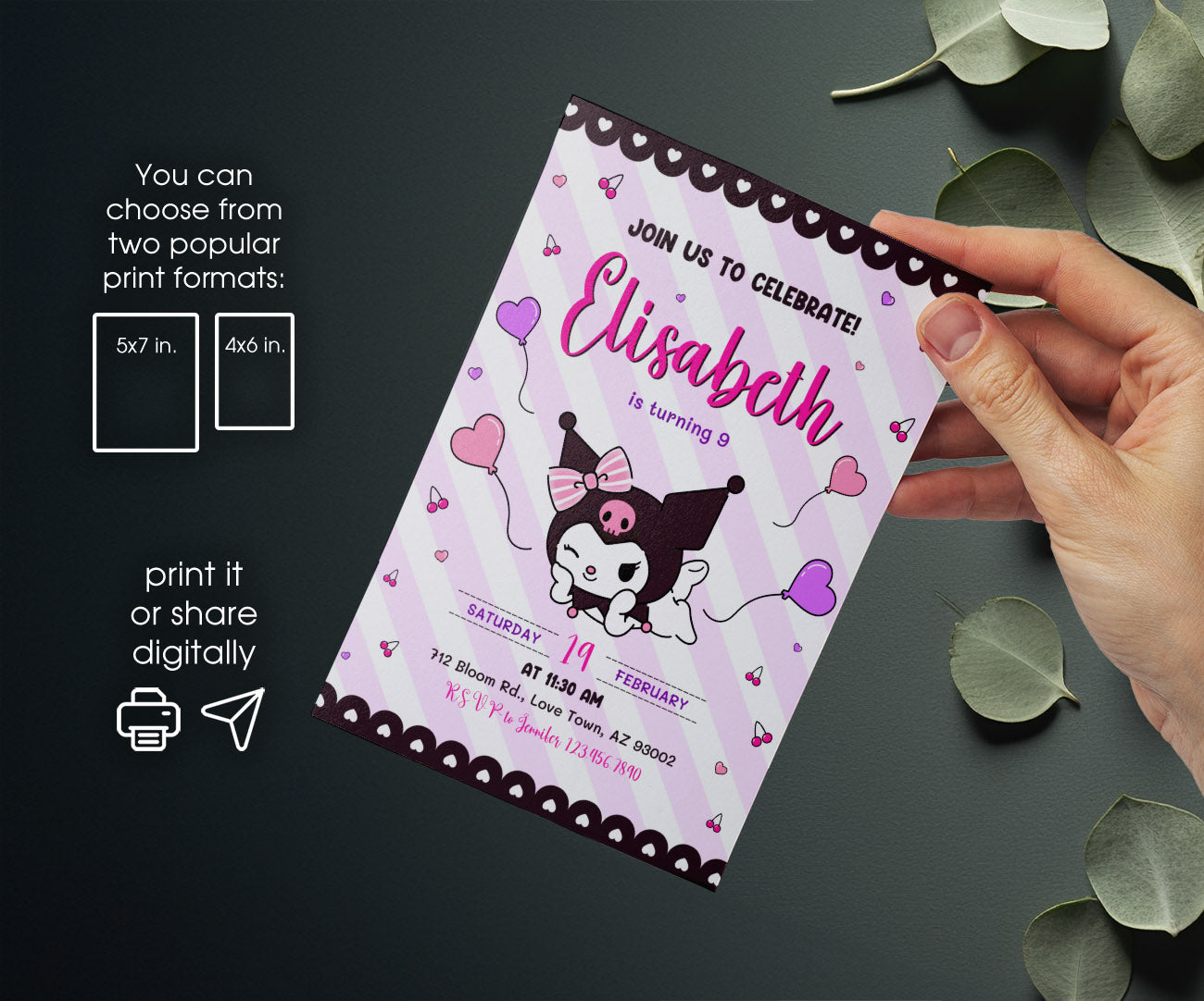 Kuromi Hello Kitty Sanrio customizable invitation template | Share or Print | QB011